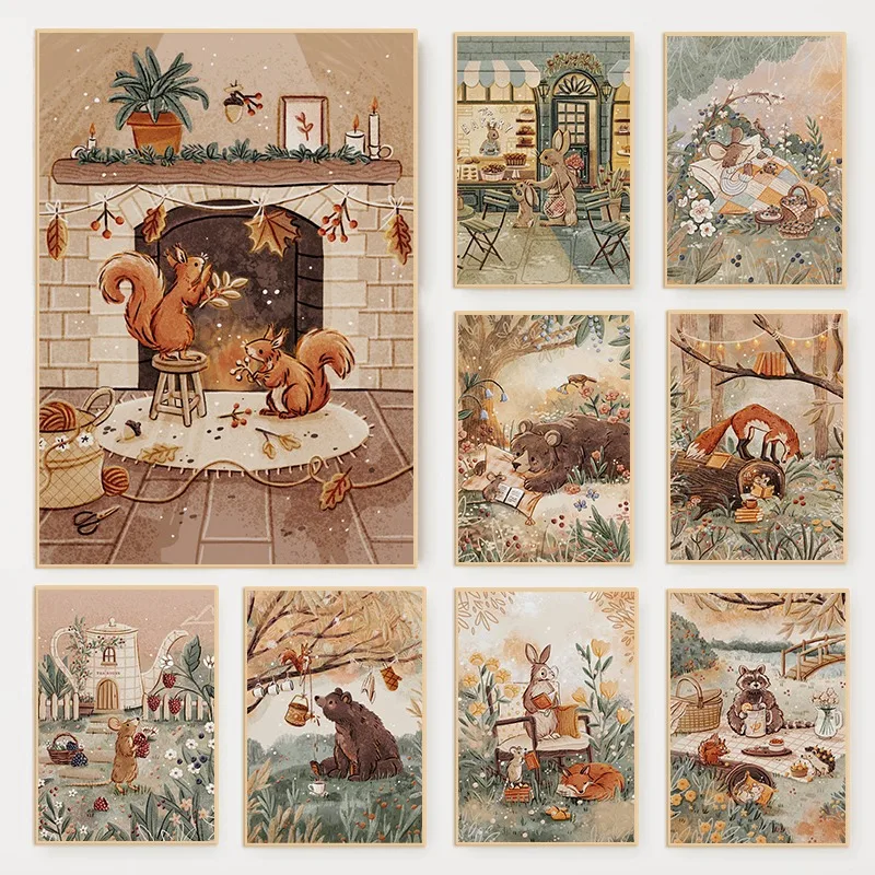 Bedtime Stories Illustrated Poster Cute  Woodland Animals Bunny Fox Mouse Canvas Painting Wall Art Nursery Kids Room Home Dec