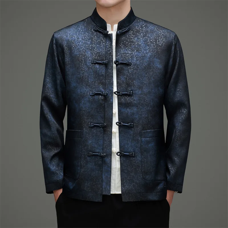 Frog Button Tang Costume Jacket Shirts For Men Long Sleeve Pocket Autumn New Quality Softness Breathable Print Camisas De Hombre