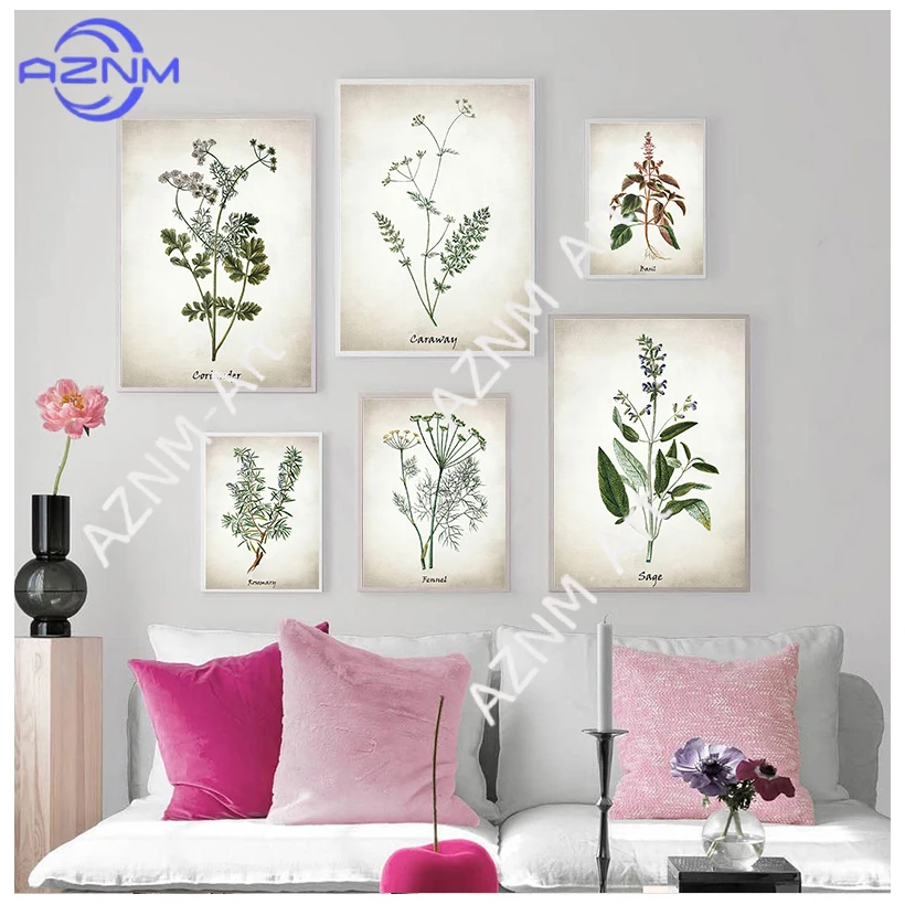 Vintage Botanical Herb Canvas Wall Art Retro Medicinal Plant & Floral Prints for Modern Living Room & Kitchen Decor