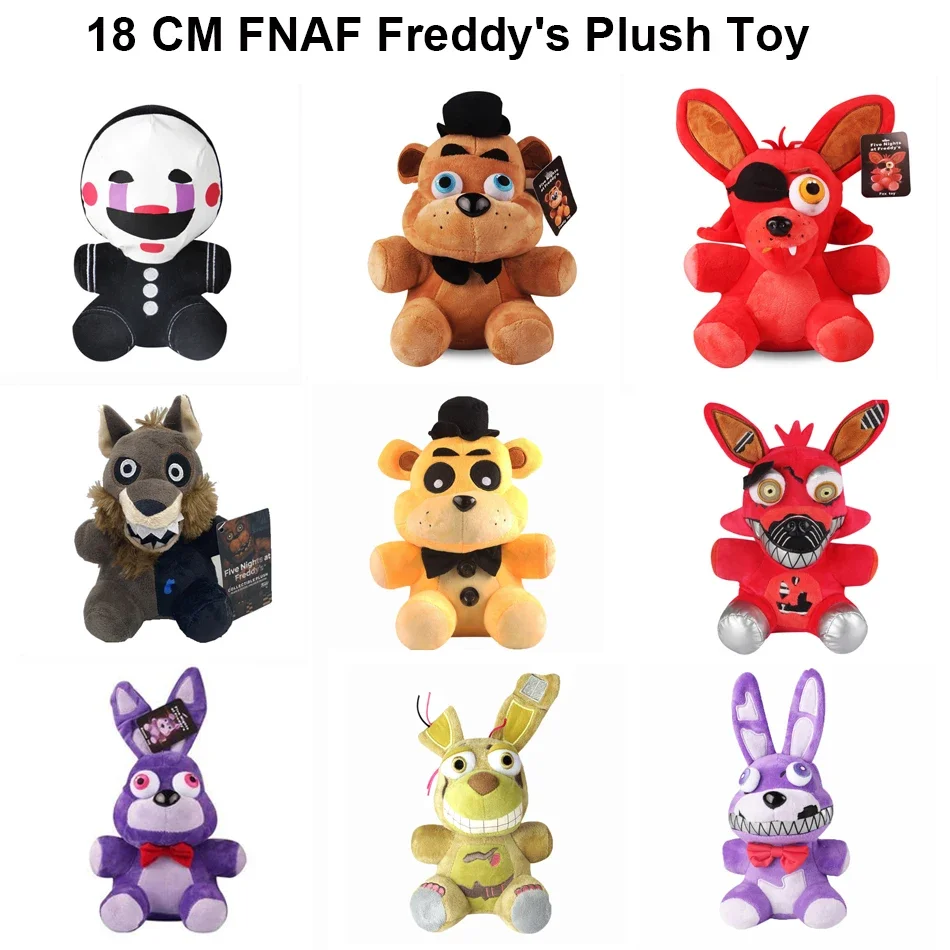 

18cm FNAF Stuffed Plush Toys Freddy Fazbear Bear Foxy Rabbit Bonnie Chica Peluche Juguetes 5 Nights At Freddy Plushie Toys Gifts