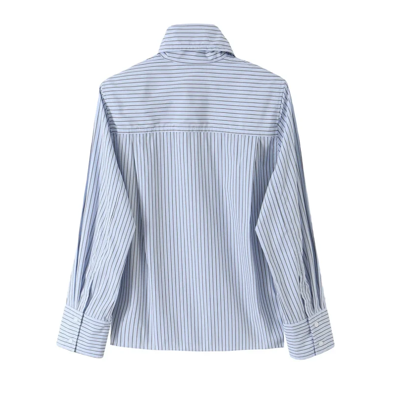 Damen Herbst Hellblaue Vertikal Gestreifte Bluse mit Schleifenkragen, Langen Ärmeln, Knopfleiste, Elegante Büro- und Pendler-Bluse – Detail 10