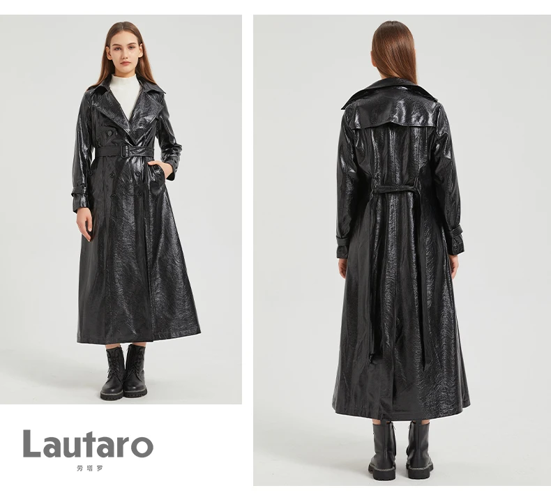 Lautaro Spring Autumn Extra Long Gold Shiny Pu Leather Trench Coat for Women Sashes Double Breasted Luxury Europe Fashion 2024