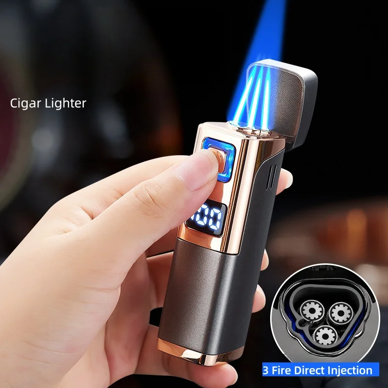 Creative Three-Fire Direct Blue Flame Cigar Special Fire Gathering Lighter Gas-Electric Two-In-One Portable Igniter Men's Gift