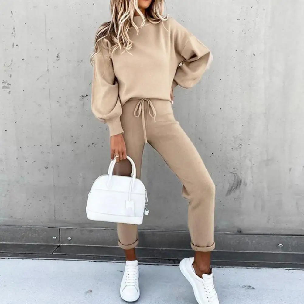 Lady Top Pants Set Pullover Pure Color Women Tracksuit Elastic Waist Long Pants Sweatshirt Sweatpants Suit for Jogging