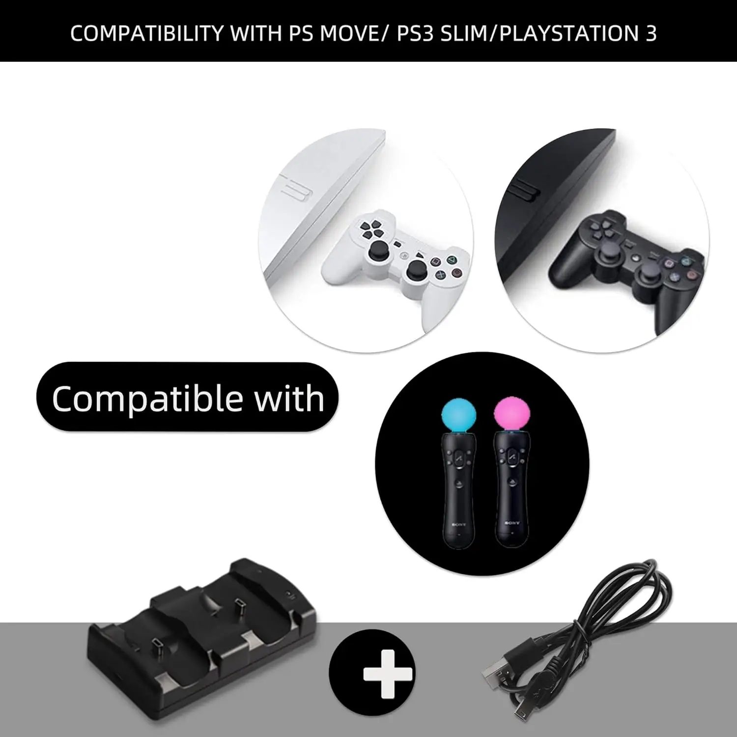 PS3 Controller Charger Station, Charging Dock for PS3 Original Wireless Dual Controller and Move Controller with LED Light Indic