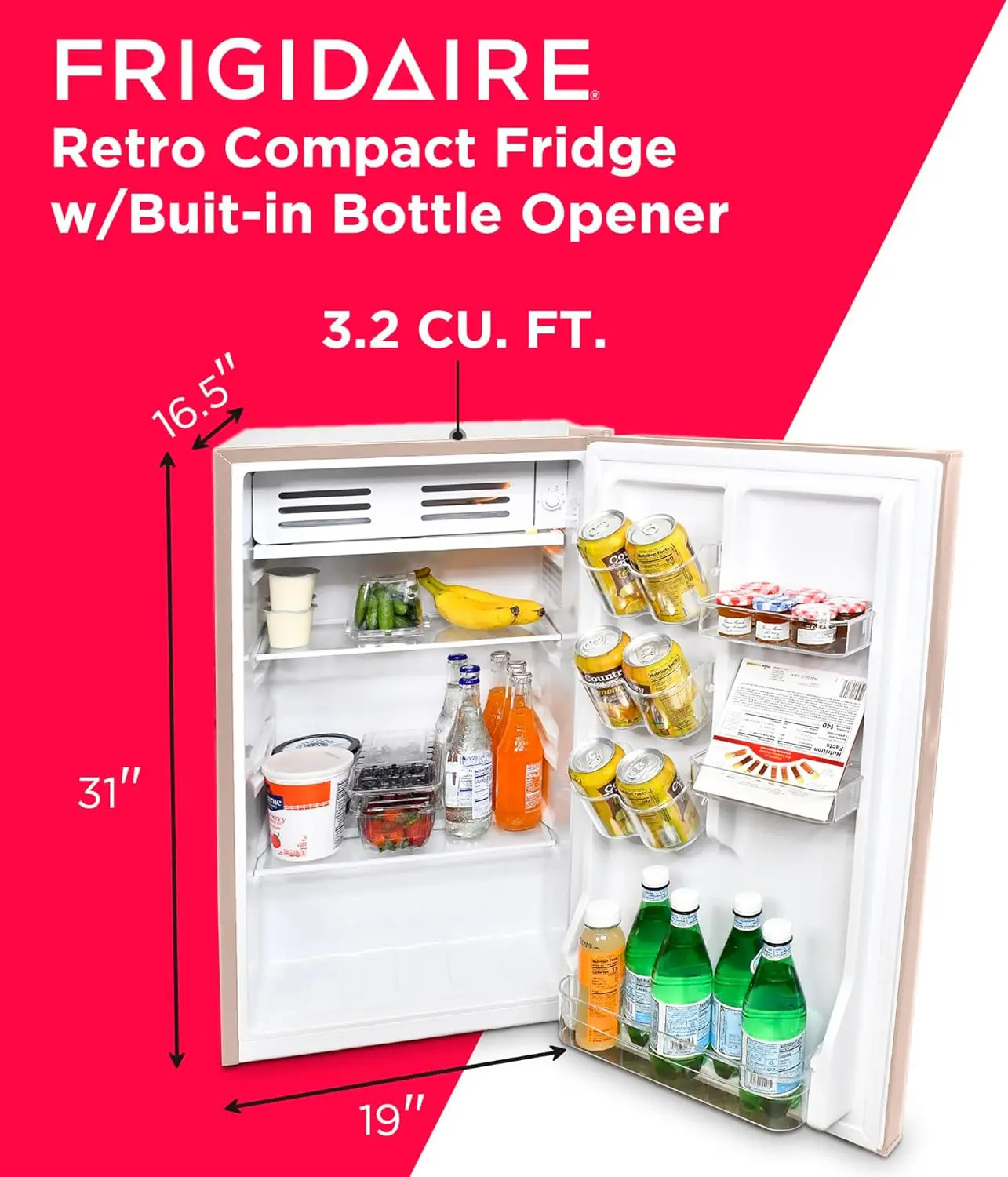 Refrigerador compacto da bancada com abridor de garrafas incorporado, refrigerador para o escritório, coral, 3,2 pés cu, 16,5 "D x 19" W x 31 "H