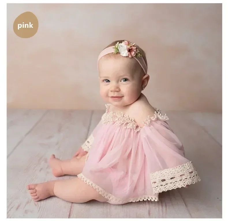 

2Pcs/Set Baby Lace dress+Headband Set Newborn Photography Props Bodysuit dress with Headdress Infants Photo Shooting Outfits