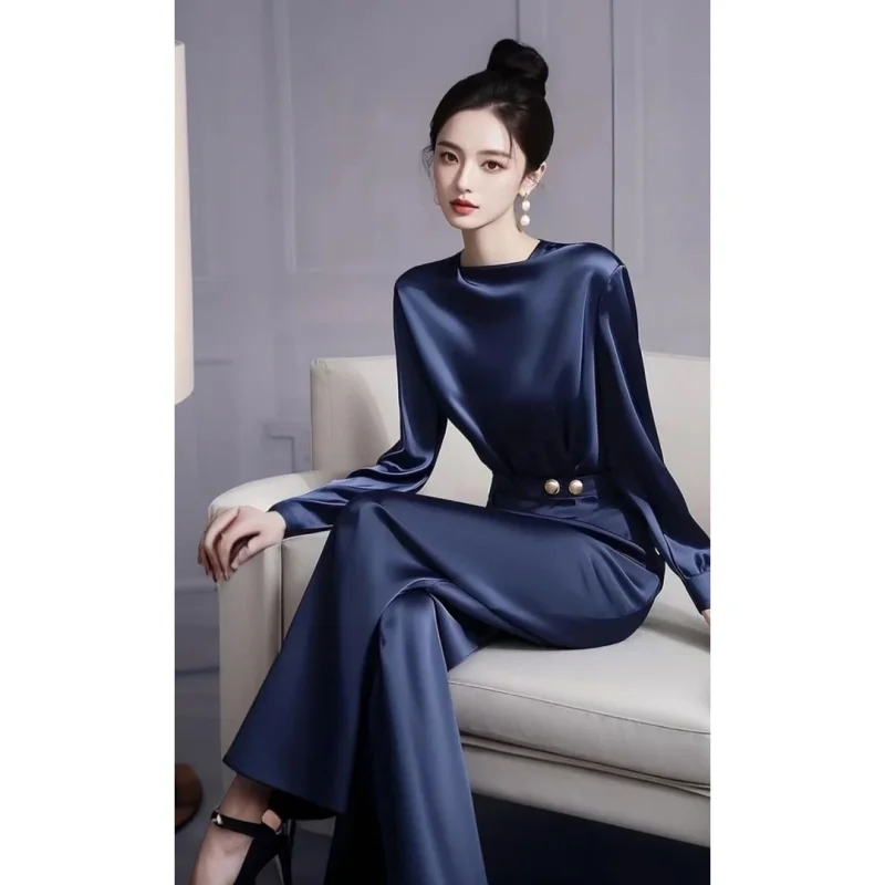 新作・高品質サテン秋レディースツーピースセット エレガントオフィスレディ長袖ブラウストップス＋ワイドレッグパンツスーツ セレブリティ