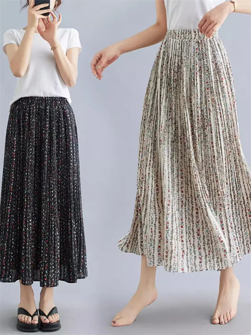 

Versatile Retro Casual Pleated Floral High Waisted Skirt For Women 2024 Summer New Lazy Irregular Long Skirt Mujer Faldas K1454