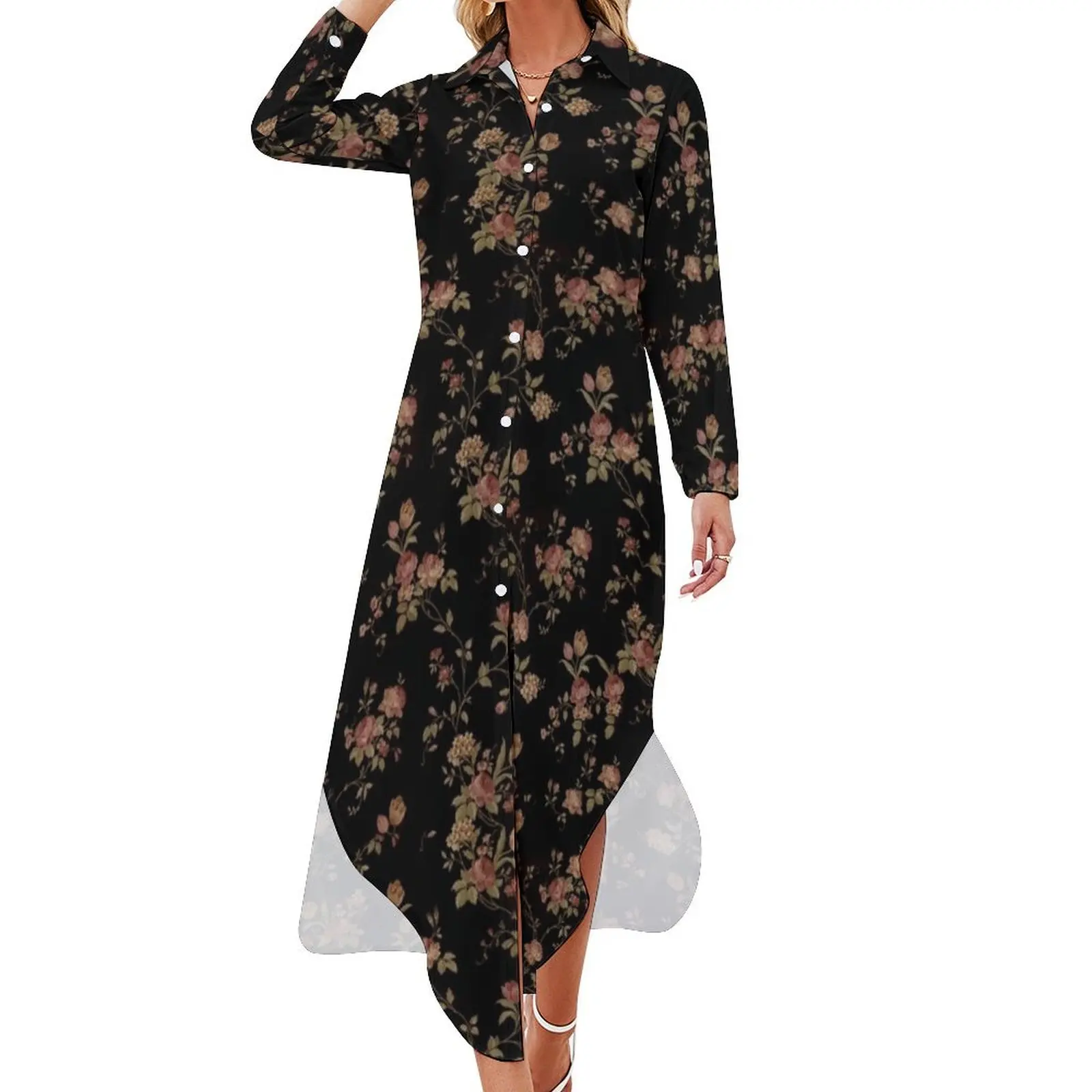 

Romantic Pink Rose Long Sleeved Shirt Dress Clothing Woman clothes