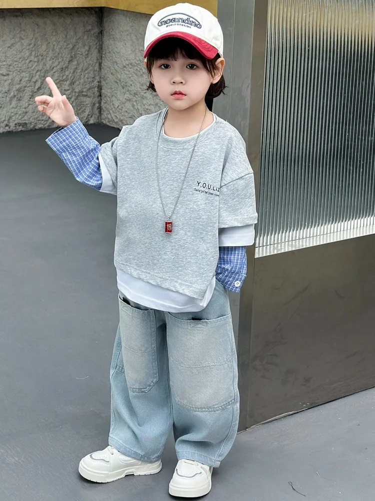 Cool Boys Suit Autumn outfit New Style Fashion fake two piece Patchwork Sweatshirt+Jeans Two Piece Set Children's Wear 2-10 Year