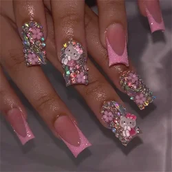 24Pcs Press on Acyrlic Nails Y2k HelloKitty unghie finte strass Design rosa carino punte per unghie finte per ragazze French Manicure