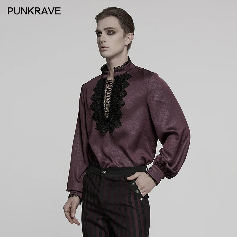 PUNK RAVE メンズ ゴス スタンドアップカラー ダークローズ柄シャツ エレガントなレースフロント ドローストリングデザイン 絶妙な感触のトップス
