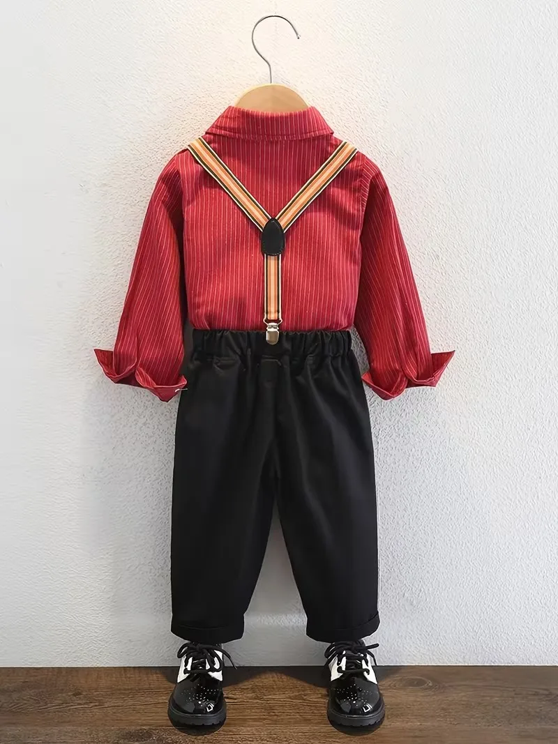 80-130 Russia Boys Summer 4Pieces Shirt Pants Strap Bowtie Host Suit Children Photography Dress Kids Wedding Birthday Outfit