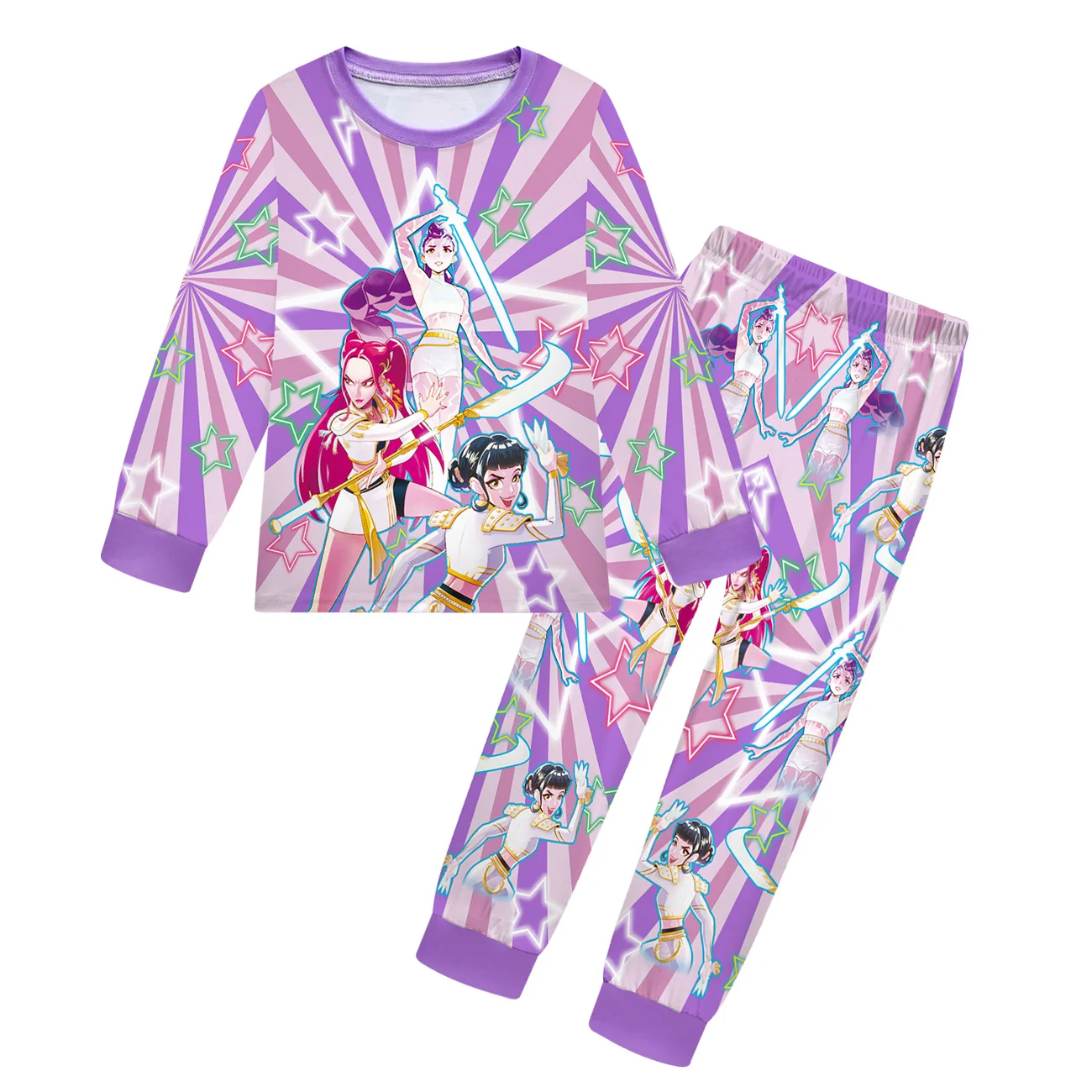 KPop Demon Hunters 2 Buah Atasan dengan Celana Pakaian Tidur Kasual untuk Bayi Perempuan & Remaja Laki-laki Set Piyama Anak Kartun Lengan Panjang Piyama 158