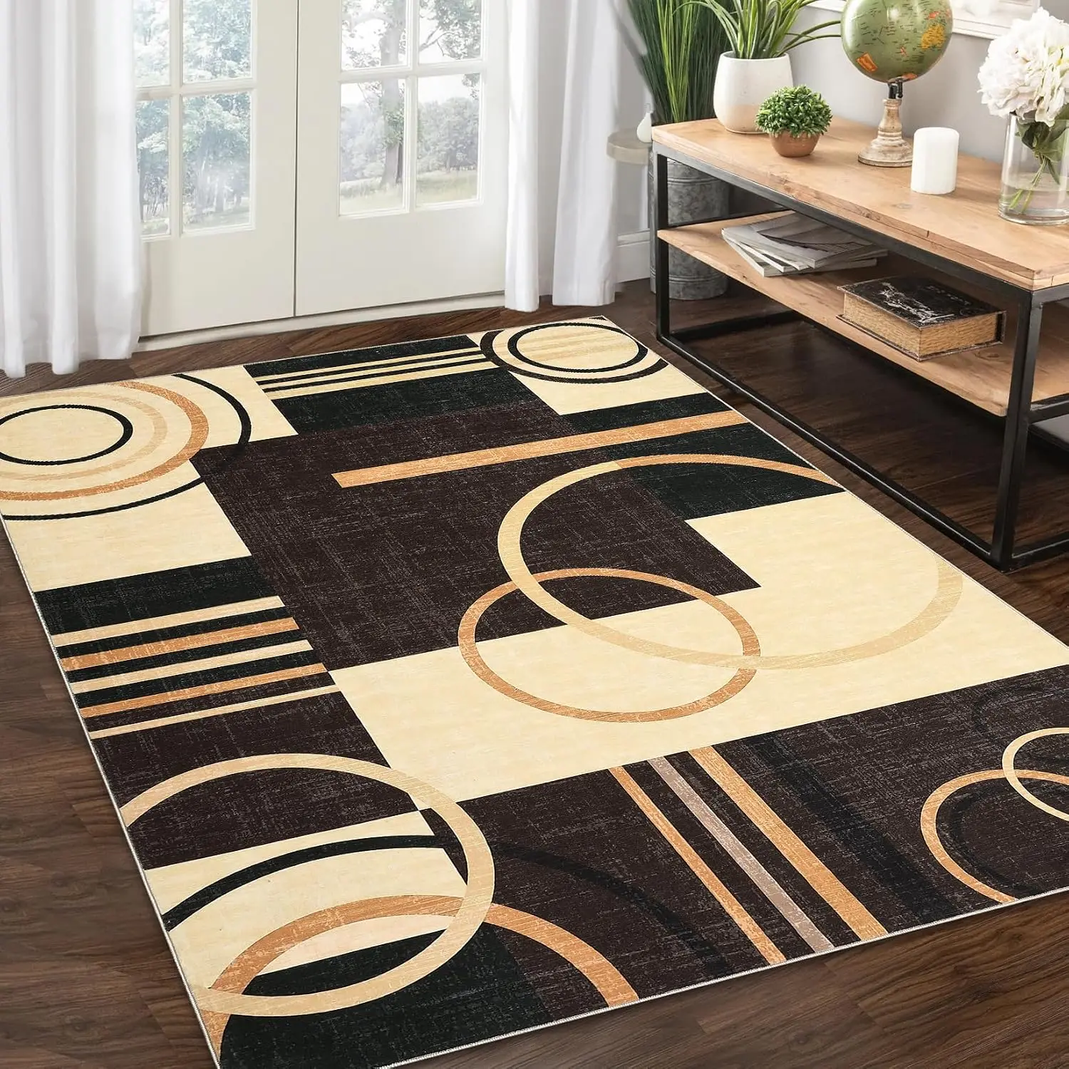 1pc 2D Flat Black Beige Circle Geometry Printed Floor Mat, Decorative Rug for Living Room, Bedroom, Office, Home Decor