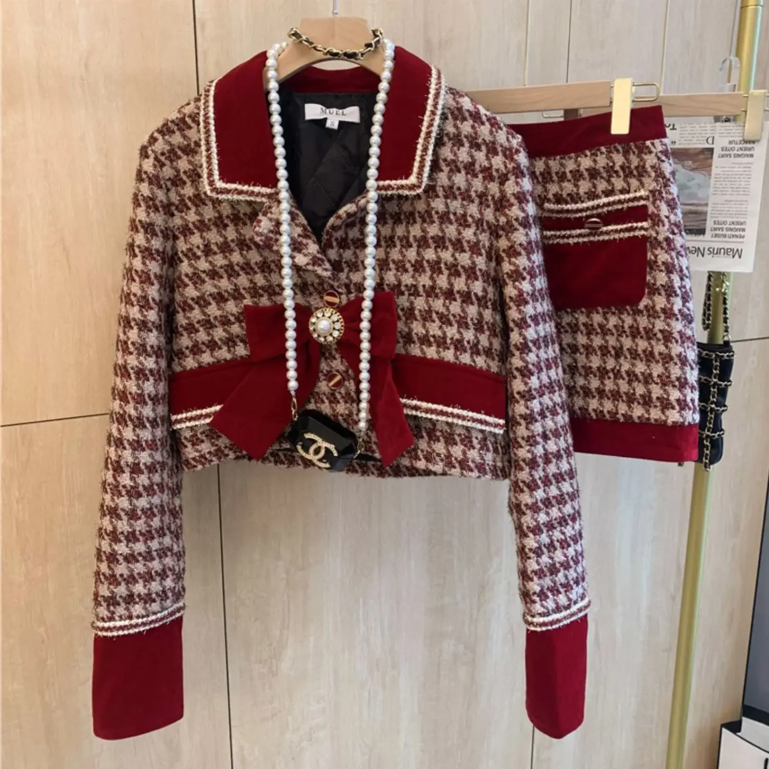 Women Christmas New Year Tweed Houndstoot Red Suit Blazer Jackert Coat Top Mini Skirt Two Piece Set Outfit Winter Warm Clothing