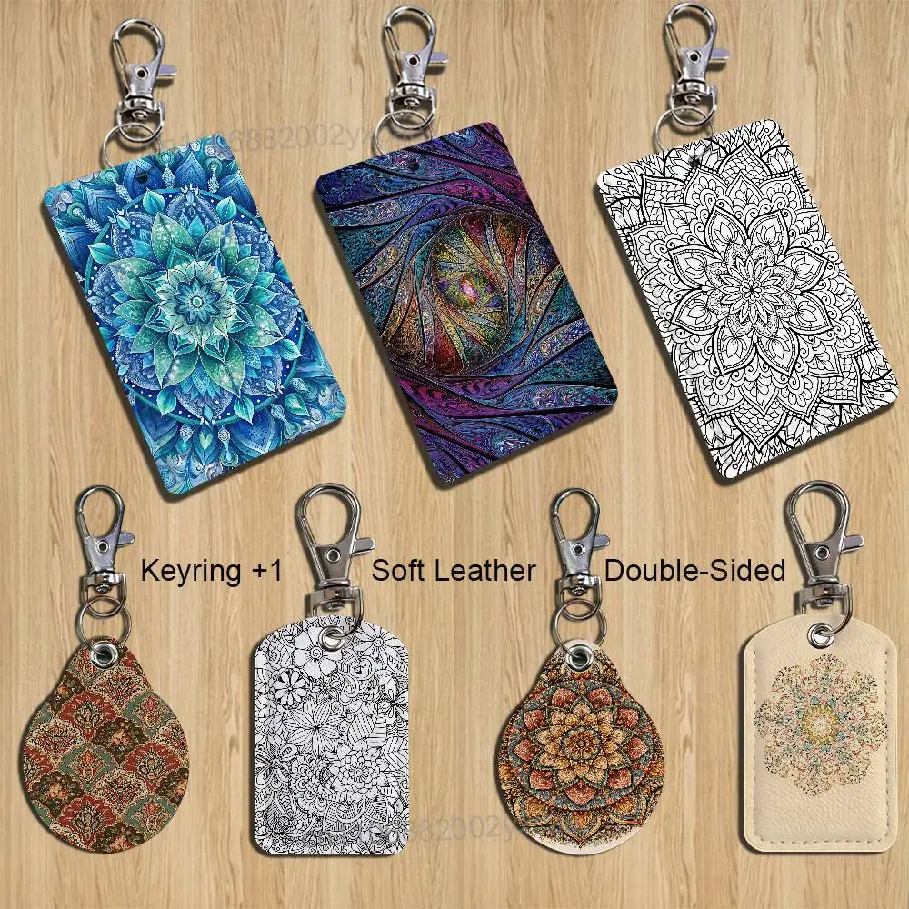 

Symmetrical Art Mandala Rectangle ID Card Case Keychain Access Card Bag Key Tag Ring Leather Card Holder Key Ring Access
