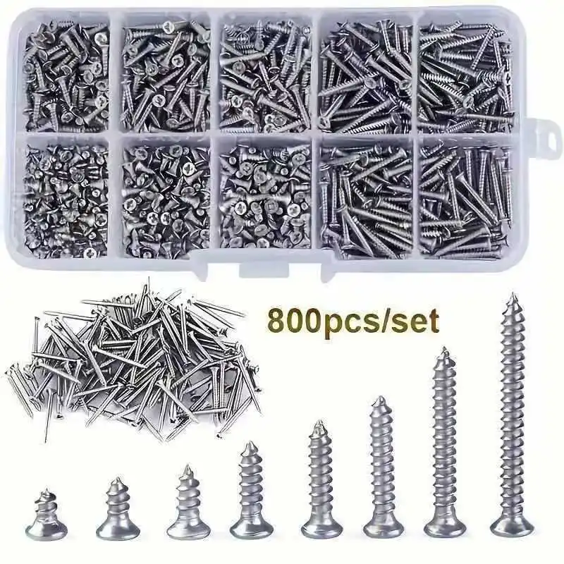 Assorted Flat Head Self-Tapping Metal Sheet Screws Kit, Hardware Fastener Set with Plastic Storage Case
