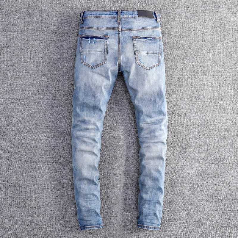 High Street Fashion Men Jeans Retro Blue Stretch Skinny Fit Ripped Jeans Men Black Leather Patched Designer Hip Hop Brand Pant