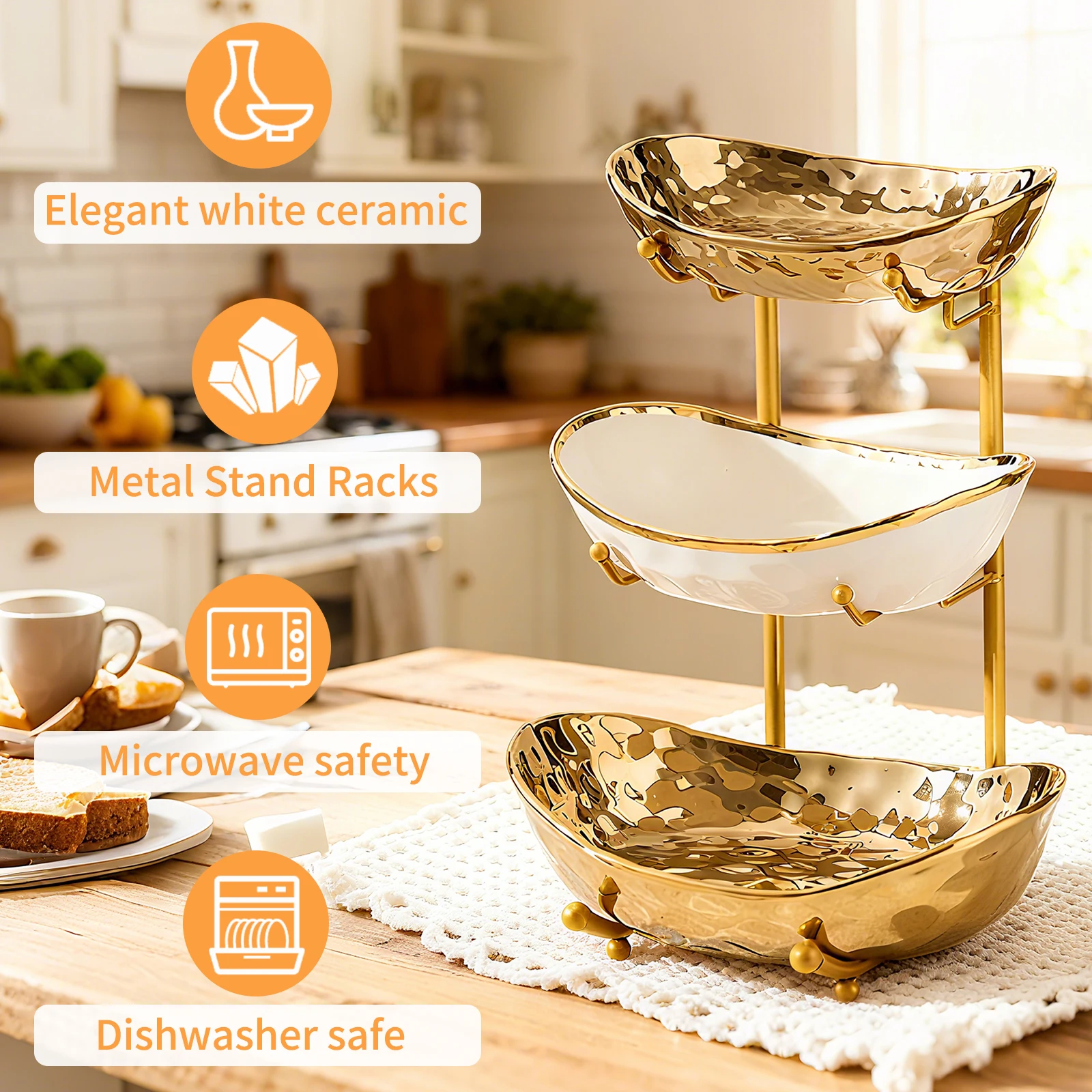 Image of 3-stöckiger Obstkorb für die Küchenarbeitsplatte, moderne Keramik-Obstschale mit goldenem Metallständer, mehrstöckiges Obsttablett für Desserts, Süßigkeiten, Nüsse