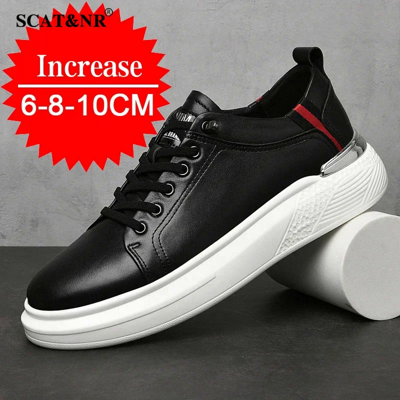 2025 men's genuine leather sneakers elevator shoes invisible breathable heightening shoes 8cm men's casual skateboard sneakers