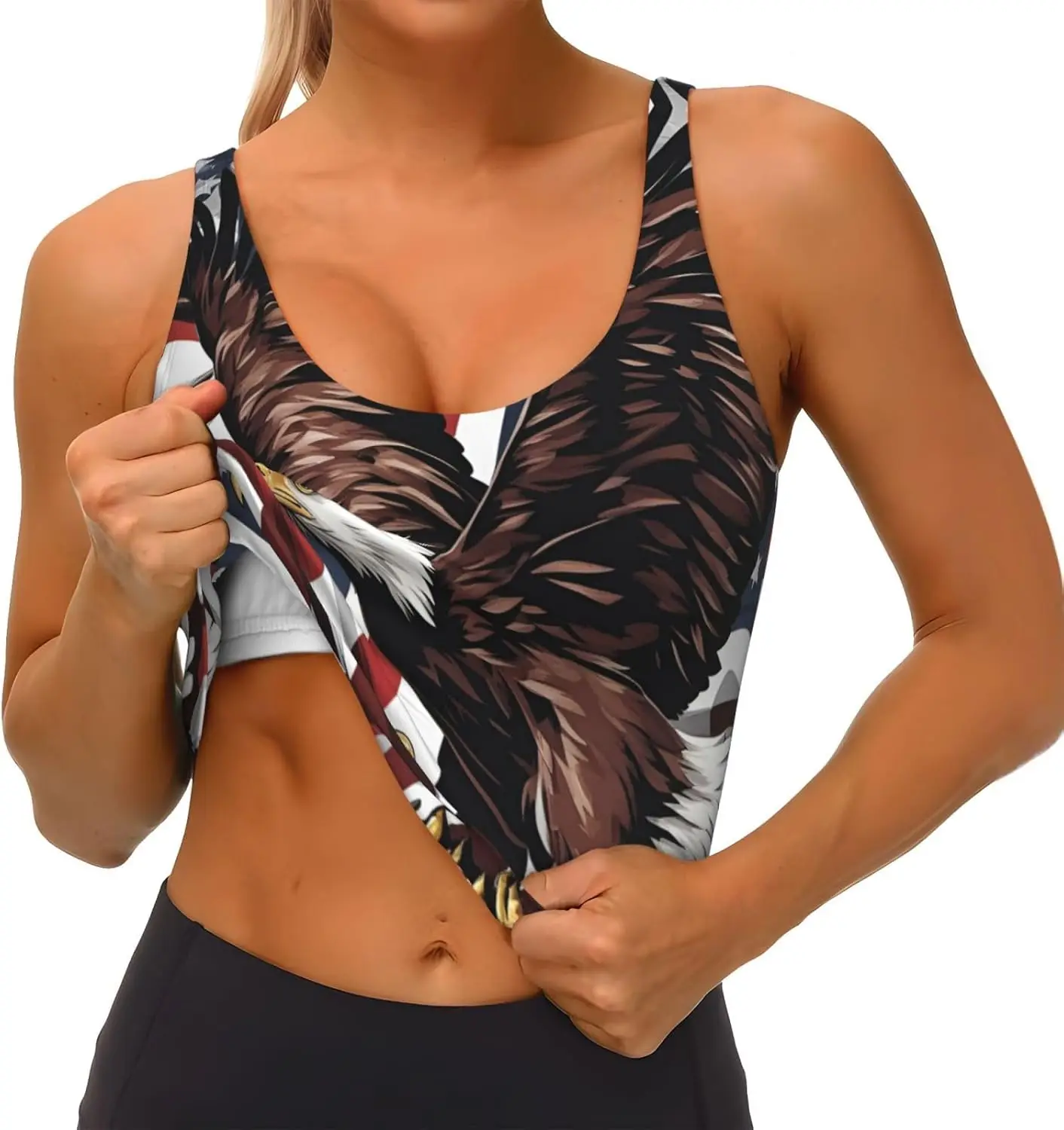 Águia com estampa de bandeira dos EUA Regatas de treino femininas Racerback Colete esportivo sem mangas para academia, ioga atlética