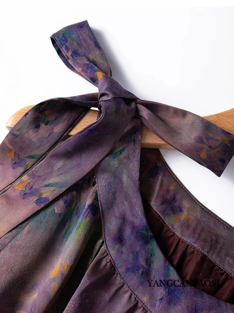 2025 Women's Summer New 100% Natural Mulberry Silk Gambiered Guangdong Gauze Print Loose Casual Split Tank Top Dress