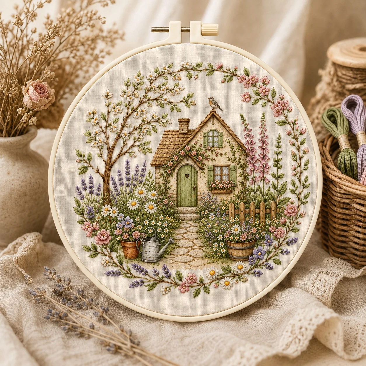 Complete All-in-One Embroidery Kit Cottage House Design, Needles & Durable Threads - DIY Craft Supply for Adults