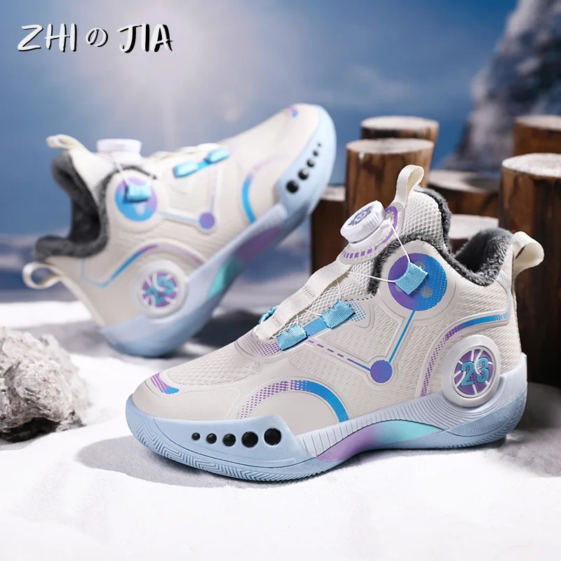 Hot Selling Children\'s Training Basketball Sneaker Boys Winter Warmth Plush Cotton Shoes Outdoor Snow Playing Anti-Skid Footwear