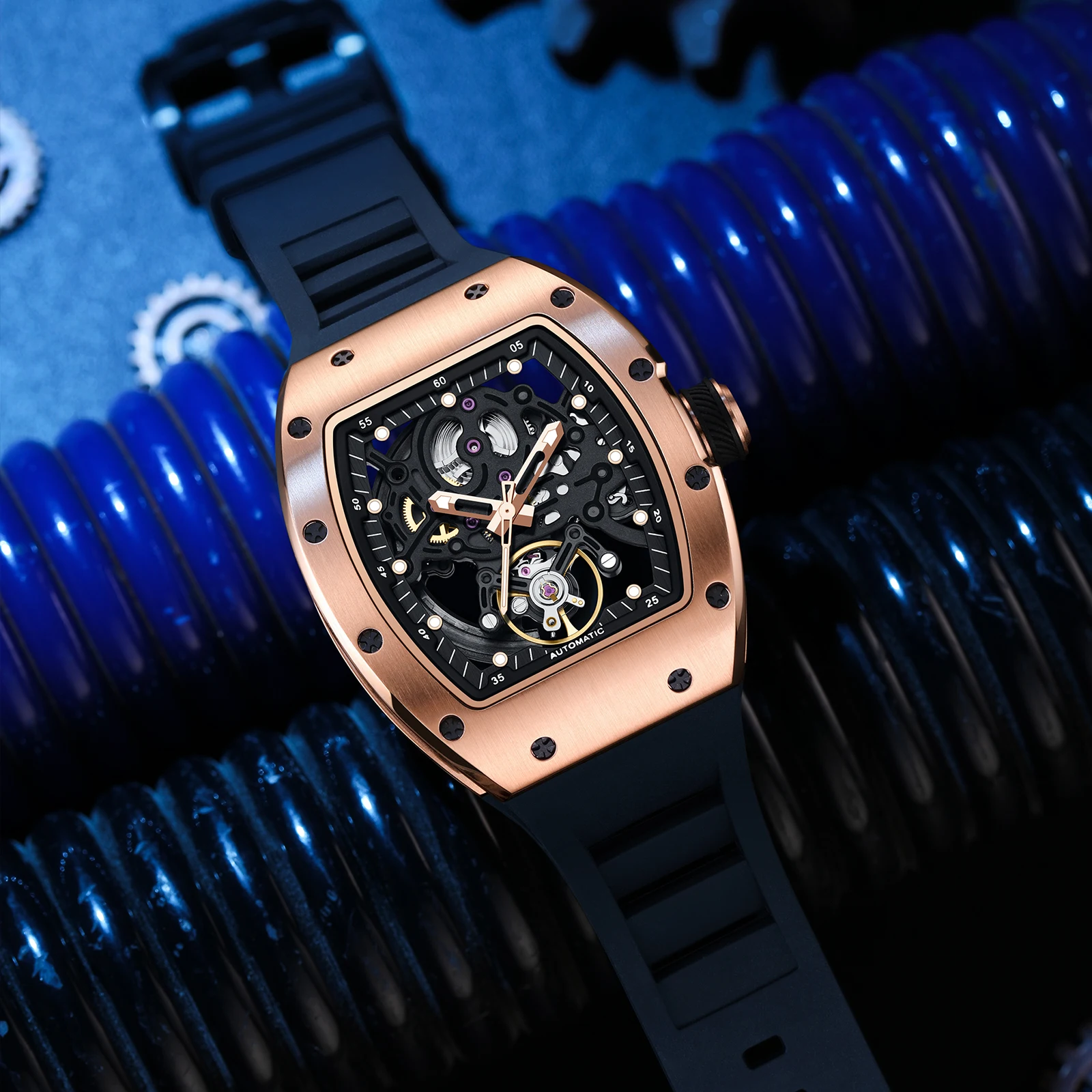 ساعة توربيون طائرة فاخرة للرجال حركة هيكل عظمي من الياقوت مضيئة للرجال ساعات يد ميكانيكية مجوفة أوتوماتيكية