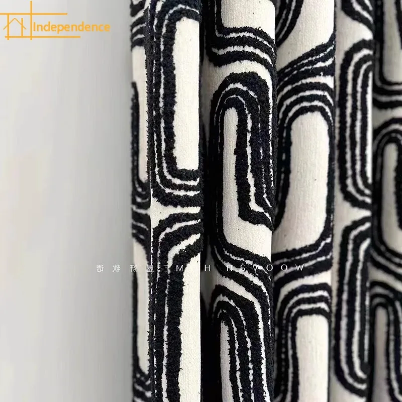 

Black and White Flocking Thickened Jacquard Chenille Curtains for Living Room Bedroom French Window Balcony Window Customized