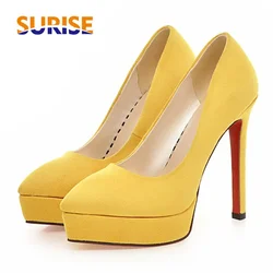 Big Size Women Platform Pumps 13cm High Spike Heels Black Yellow Flock Party Office Lady Sexy Slip-on Pointed Toe Thin Stilettos