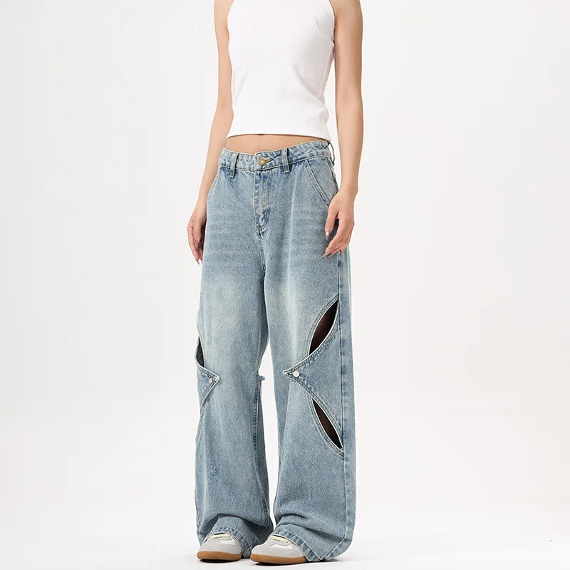 Men's American High Street Hollow Deconstruction Ripped Jeans Men's And Women's Trendy Straight-leg Pants