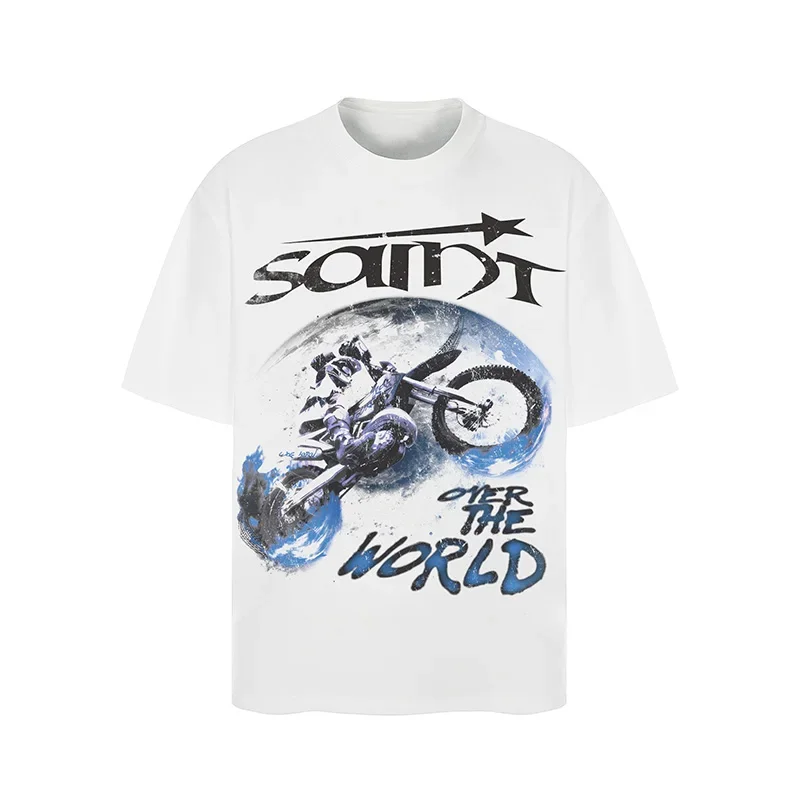 Motorcycle Printing Saint Over The World T-Shirt Best Quality Cotton Tee Tops Vintage White T Shirt For Men Women With Tags