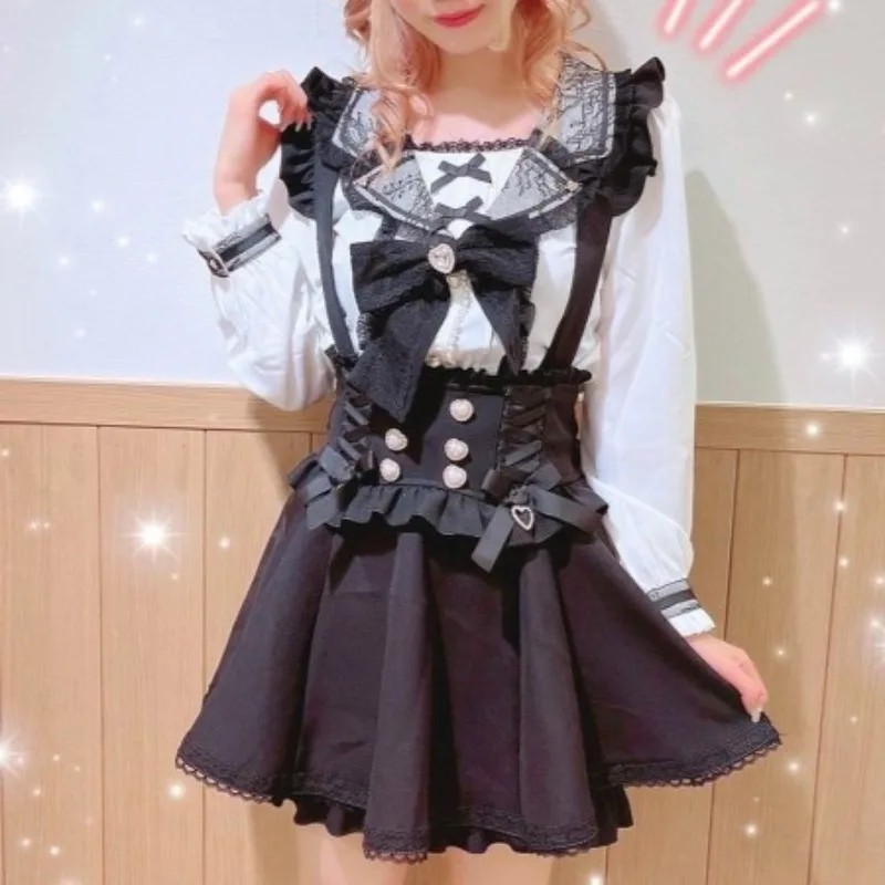 Japanese Style Maid Suspender Dress Ruffles Skirts Women Sweet Kawaii Lace Bow Pearl Buckle Lolita Mini Skirts Pink Black Plaid