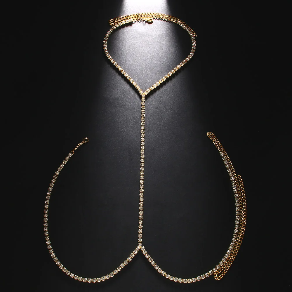 كامل حجر الراين الصدر سلسلة بيكيني مجوهرات للجسم مثير قلادة كريستال تسخير تأثيري الملابس الداخلية الفاخرة النساء التبعي ملهى ليلي