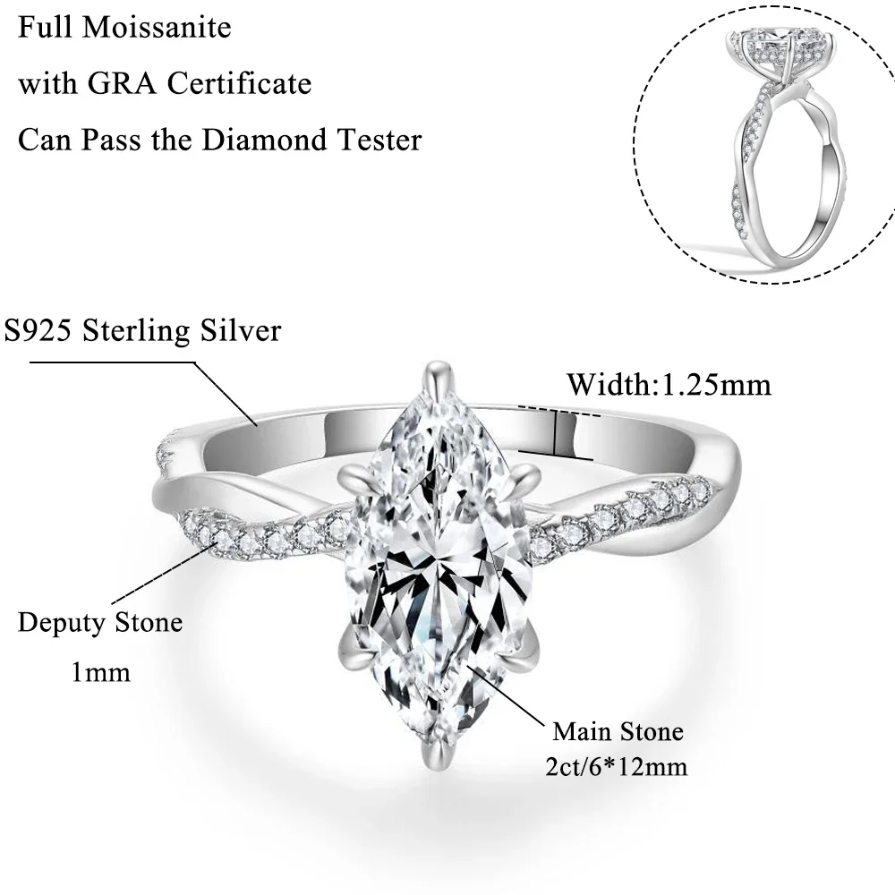 FEOBUR 6*12mm 2ct Marquise Cut Moissanite Diamond Rings 925 Sterling Silver Engagement Wedding Band for Women Bridal Ring Set