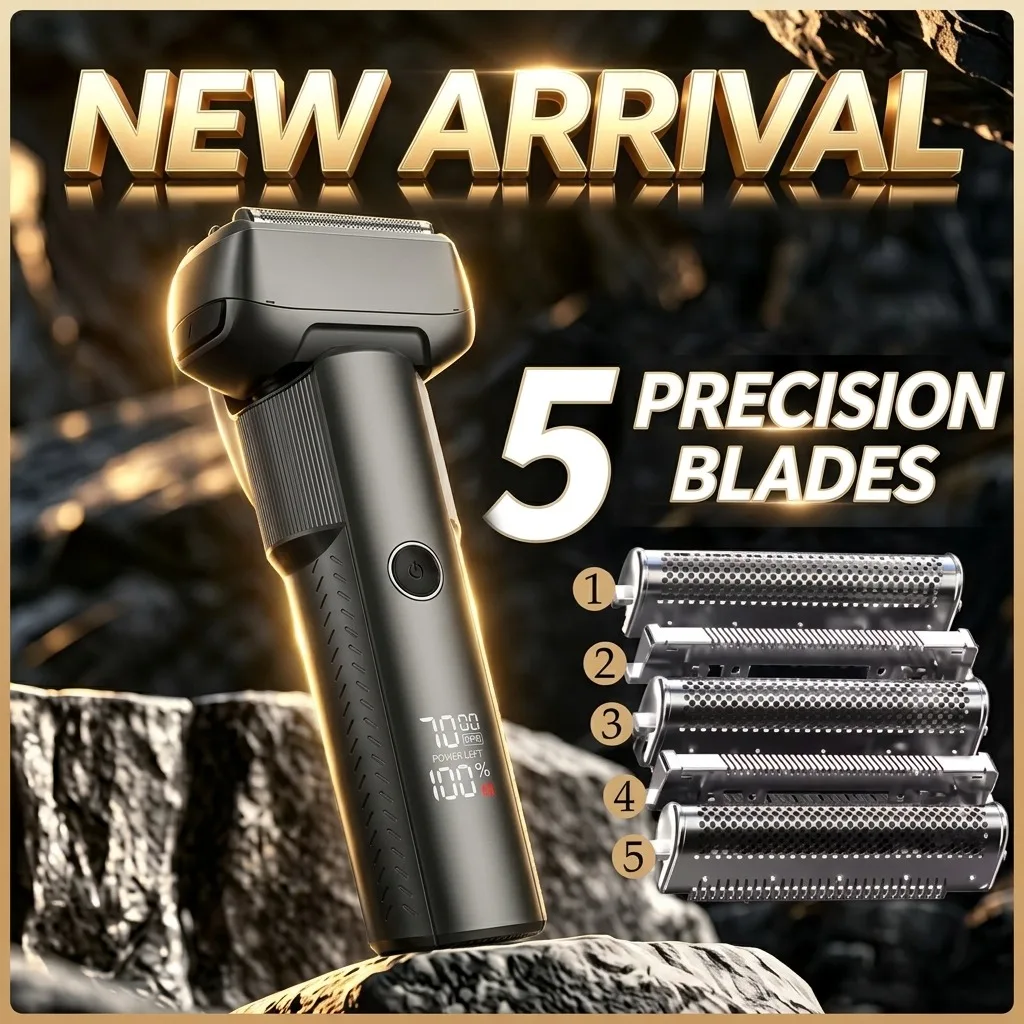 Electric Shaver for Men, 5 Precision Blades Reciprocating Beard Trimmer, IPX6Waterproof Wet Dry Shaving, Digital Display Fast Charging Rechargeable Razor