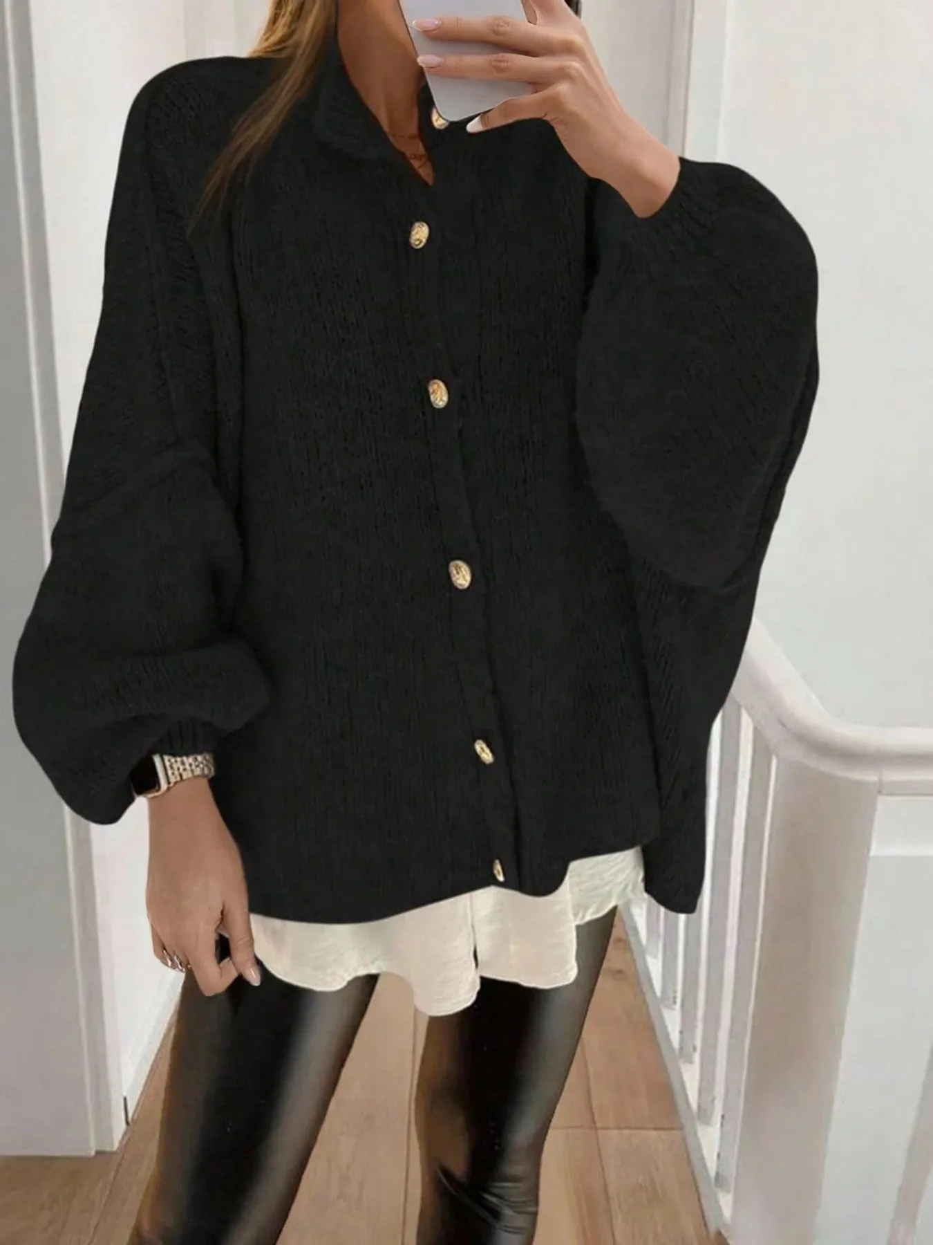 سترة نسائية محبوكة بلون موحد، ملابس تريكو عصرية للخريف والشتاء، فضفاضة ومريحة، قميص محبوك بأكمام طويلة، ملابس نسائية، مناسبة للارتداء الكاجوال، الأعمال، عطلة، موسم التخرج #3