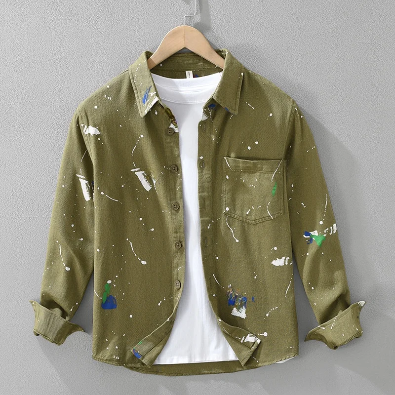 

Loose Fit Long Sleeve Men's Shirt Japanese Style Fashion Art Casual Printed Cotton Top Daily Wear Spring Summer Autumn