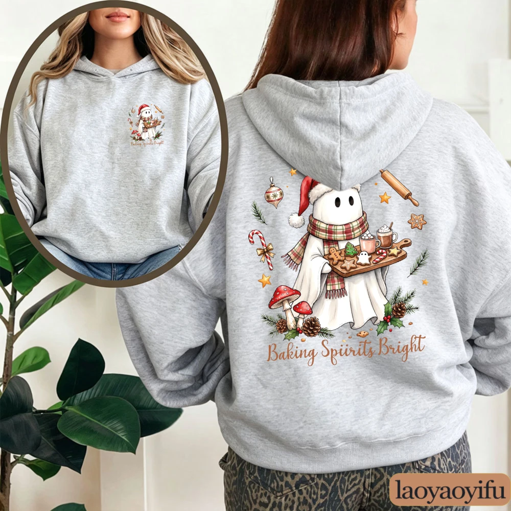 Baking Spirits Bright Christmas Ghost Women Hoodie Cute Chef Baker Santa Hat Graphic Sweatshirt Festive Cookie Party Hooded Top