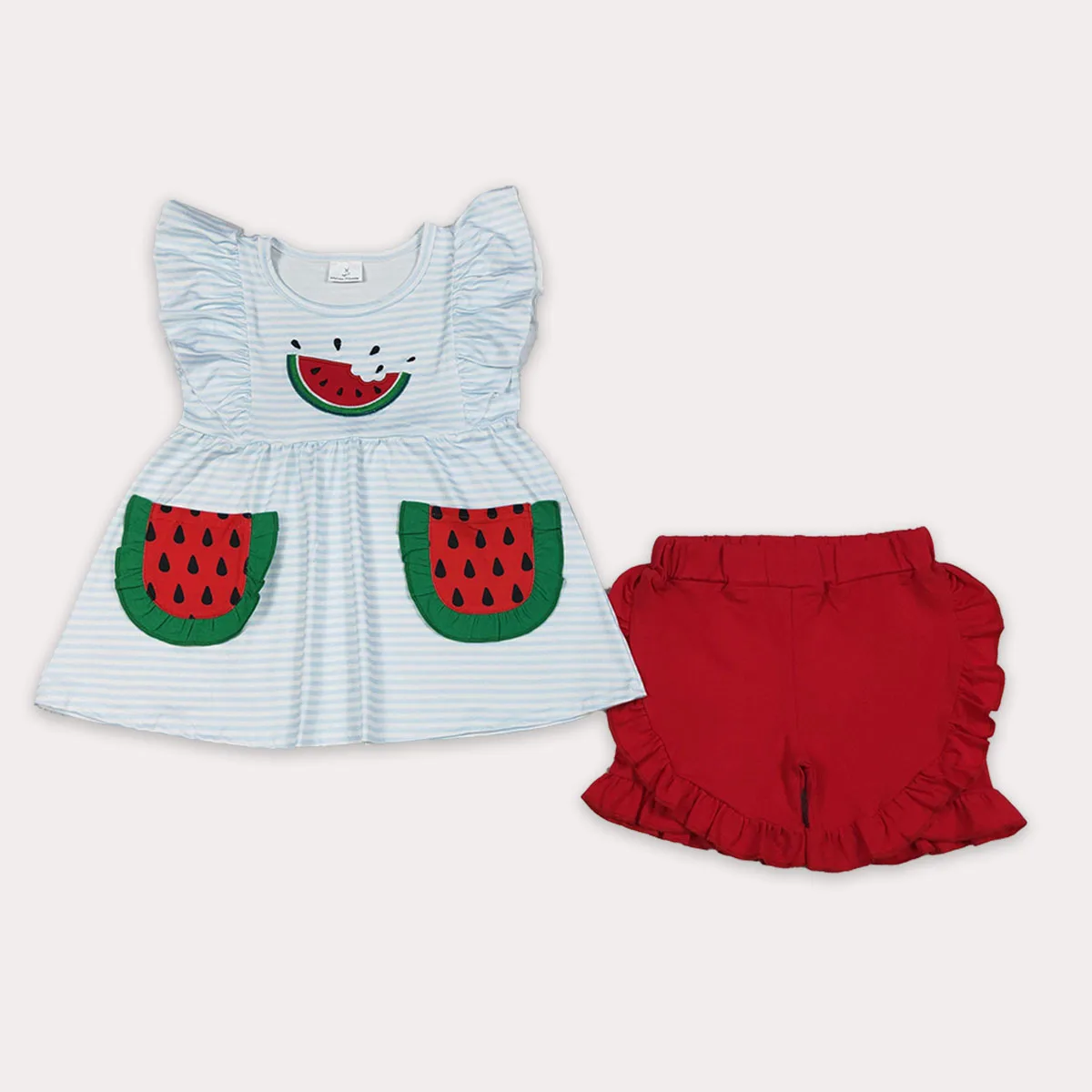 Kids Embroidery Watermelon Baby Girls Clothes Blue Stripe Pockets Tunic Ruffle Shorts Sets Fashion Children Clothing Wholesale