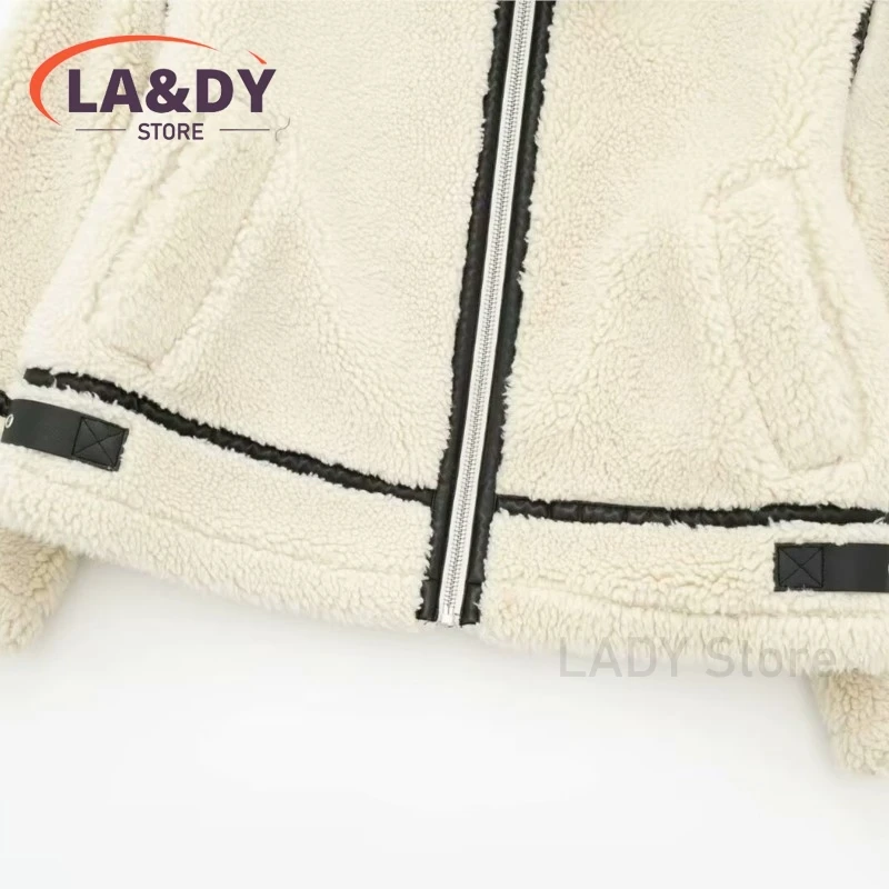 2024 New Winter Fashion Short Fleece Jacket Coat Female Loose Splice Long Sleeves Pocket Zipper Warm Outerwear