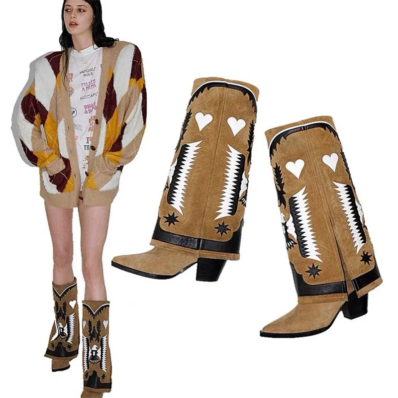 Przyszywany haft kobiety buty do kolan Western Cowboy 2024 jesieล zima nowy buty damskie prawdziwa skรณra Retro buty damskie