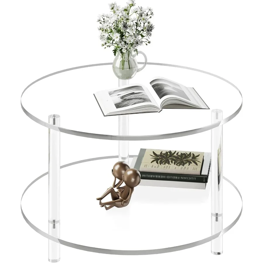 

Акриловый круглый журнальный столик, современный чайный столик шириной 23,6 с полкой для хранения, 2-уровневый круглый центральный стол для гостиной, офиса, приема