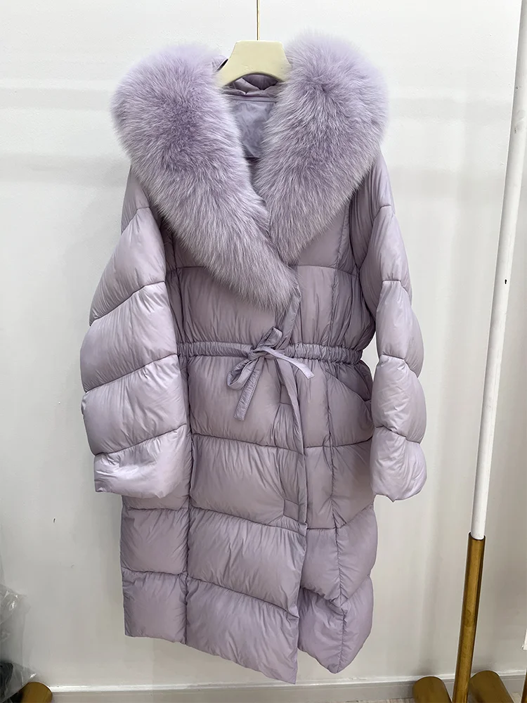 Neue Mode Winter frauen Mantel Gans Unten Mit Echt Fox Pelz Kragen Lange Jacke Volle Ärmel Dicke Warme Luxus weiblichen Mantel