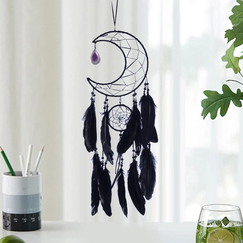 Moon Dream Catcher Handmade Woven Black Feathers Wall Hanging Dreamcatcher For Home Decor Bedroom Dormitory Room Wall Decor