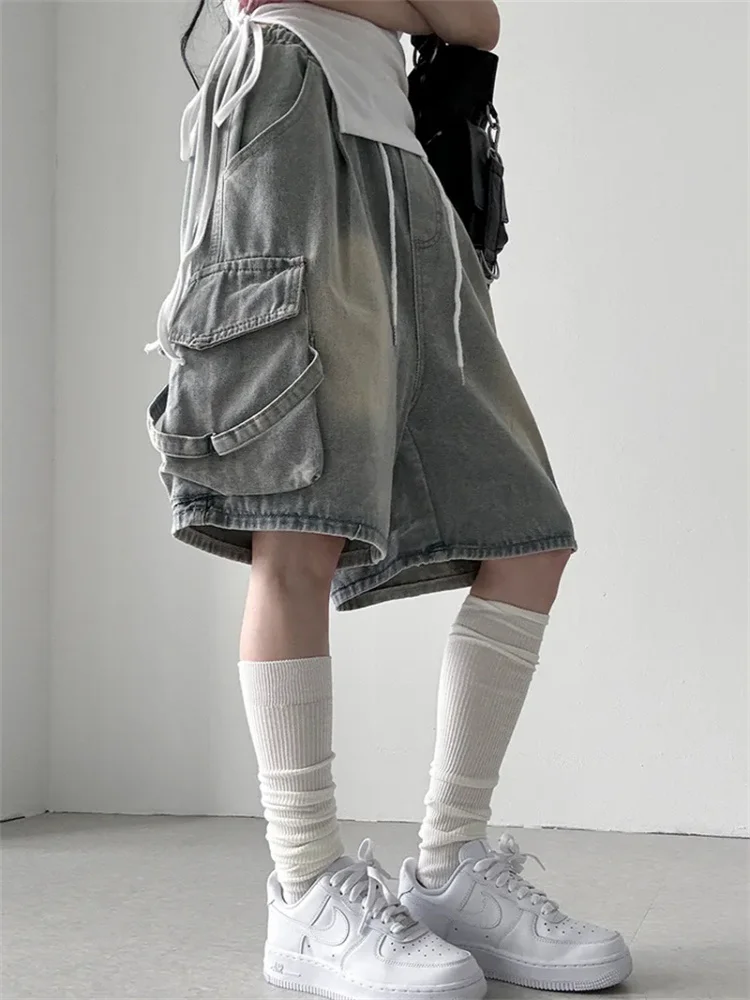 

Женские джинсы из выстиранного денима в стиле ретро с карманами, пэчворком, на шнурке, с эластичным поясом, свободные, широкие, укороченные, со средней посадкой