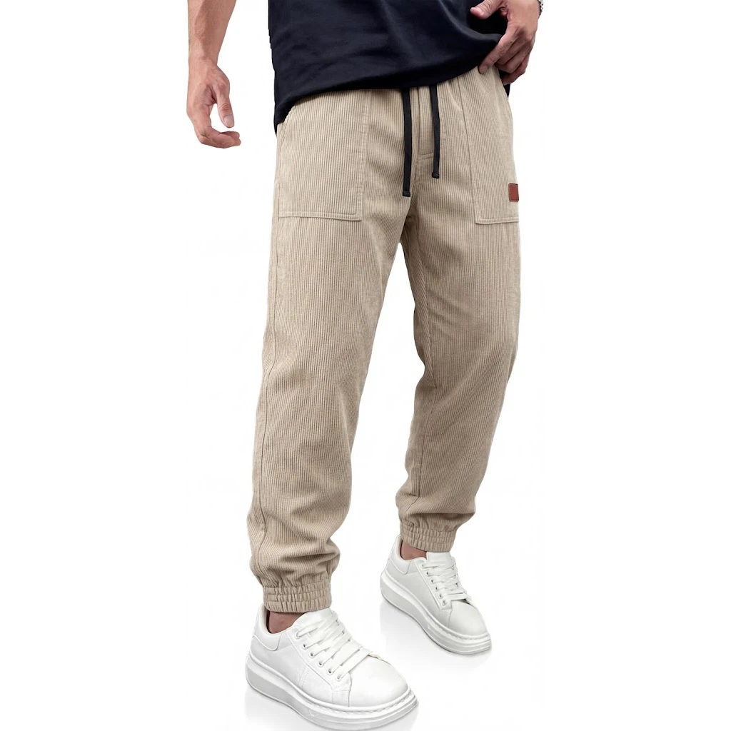 Mens Corduroy Loose Fit Trousers Casual Drawstring Sweatpants Breathable Baggy Bottoms for Hiking Sports Gym Daily Streetwear